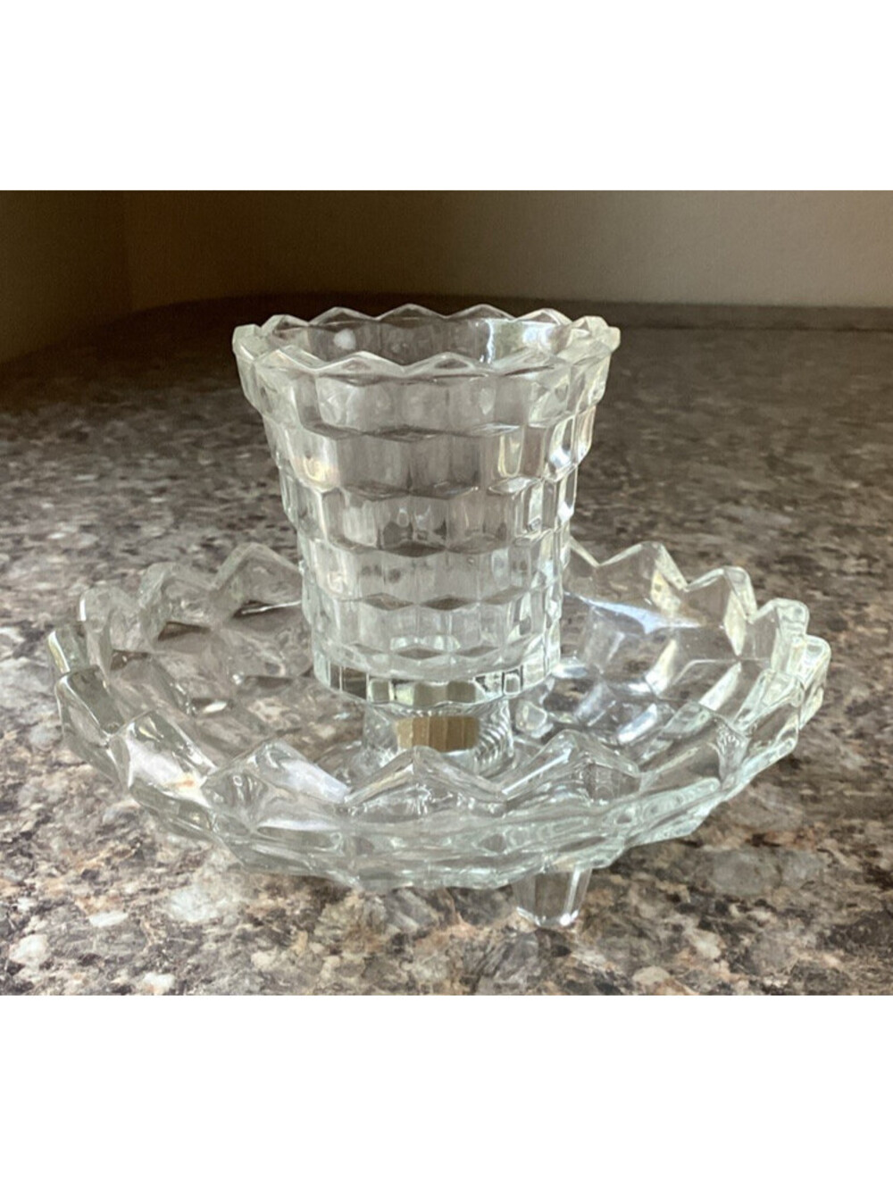 Vintage Fostoria American Cubist 3 Footed Candle Bowl With Votive Cup